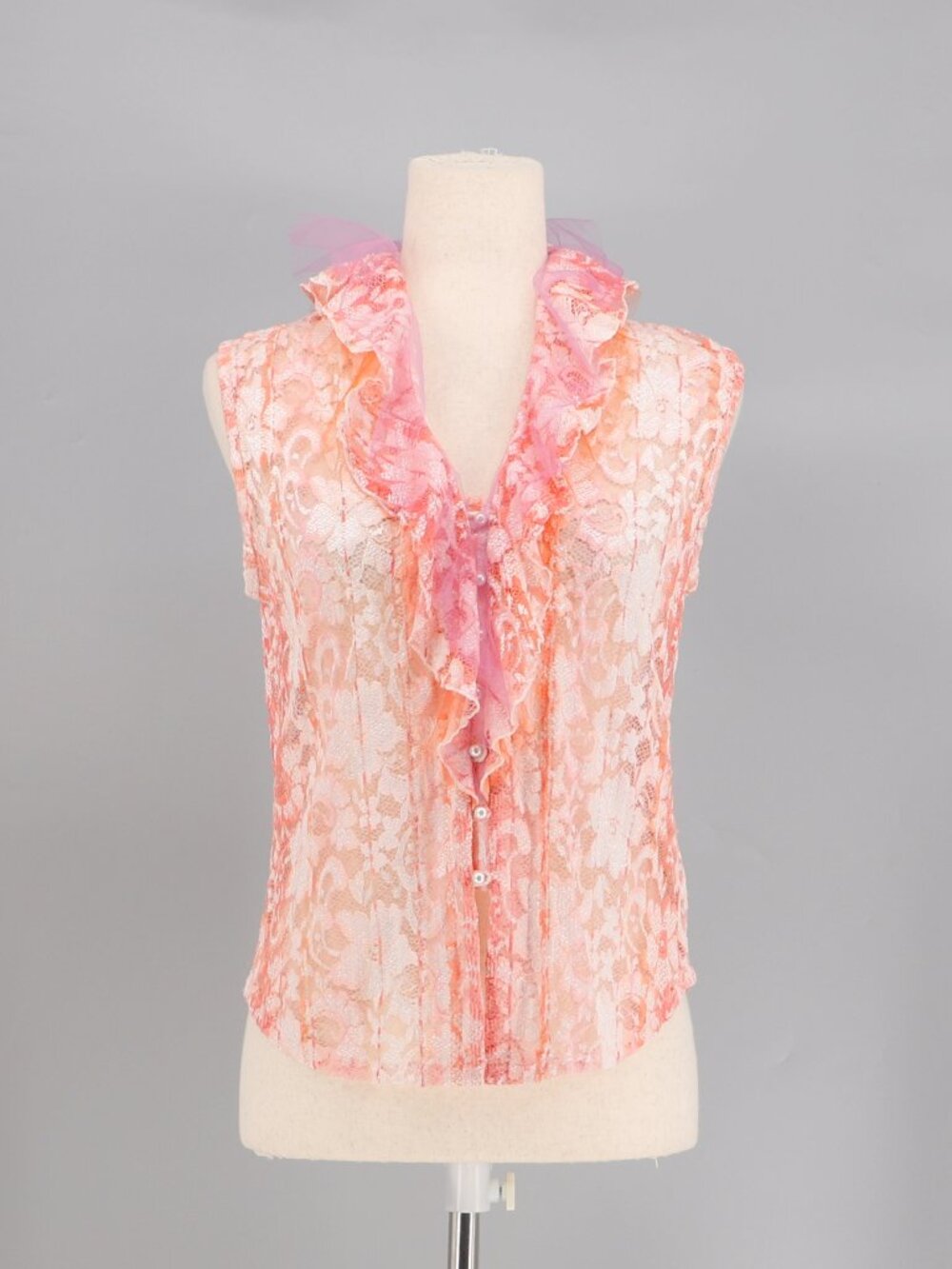 ST. JOHN Coral  Pink Lace Overlay Sleeveless Ruffle Sheer Blouse Top Size 2